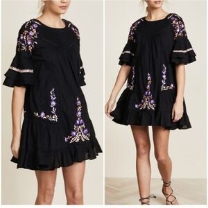 Free People Black Mini Dress with Purple Floral Embroidery